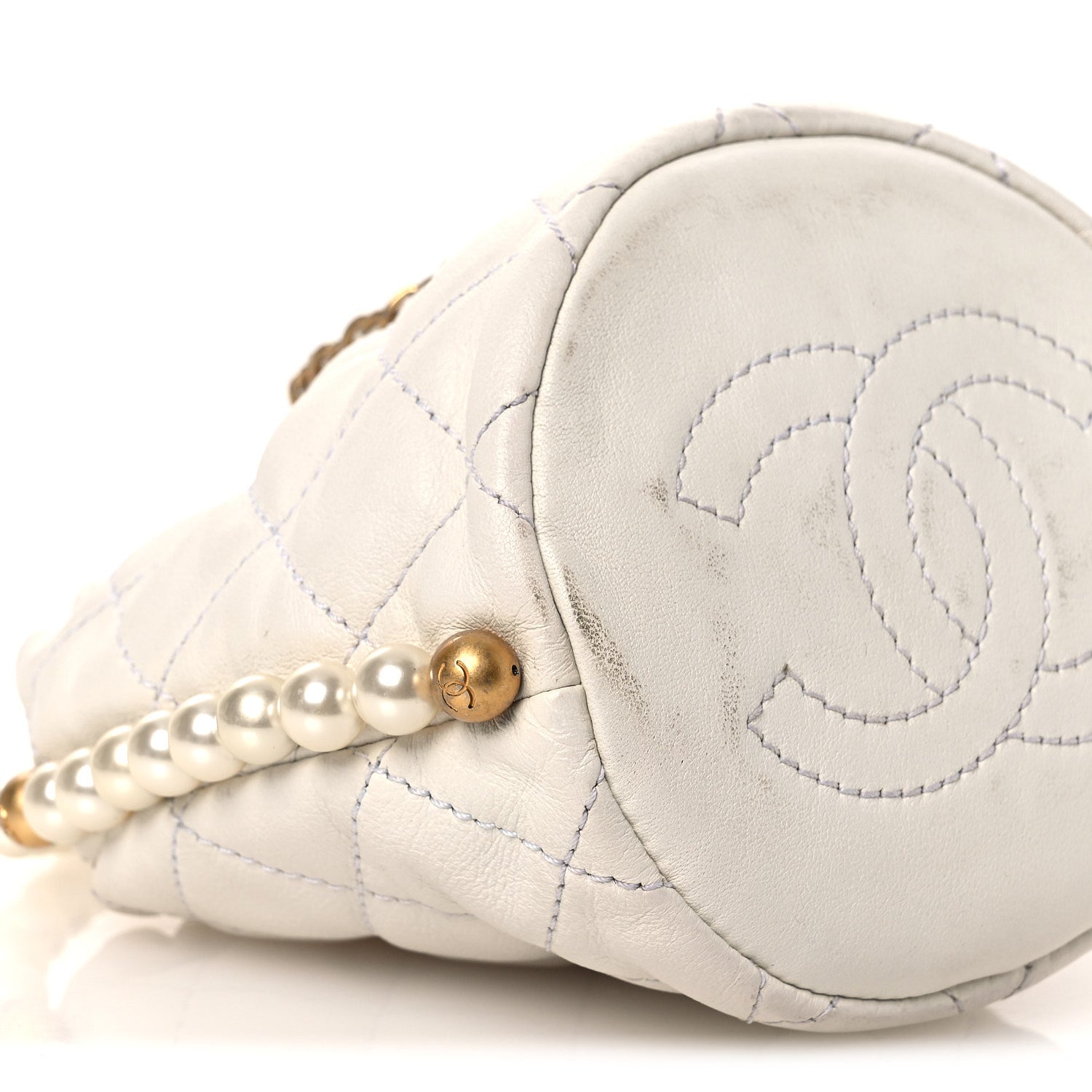 Calfskin Quilted Pearl Mini About Pearls Drawstring Bucket Bag White