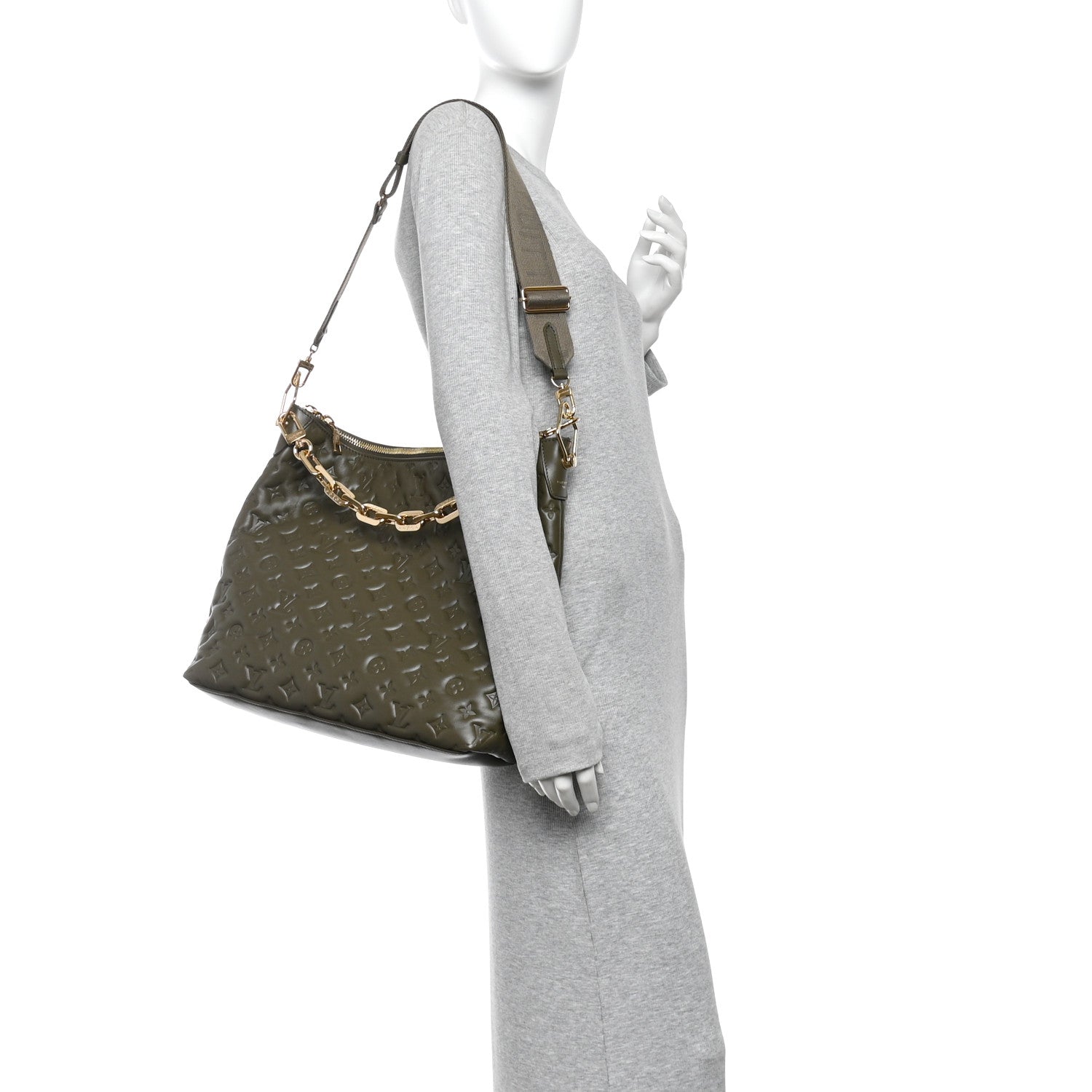 Calfskin Embossed Monogram Coussin Hobo Dark Kaki