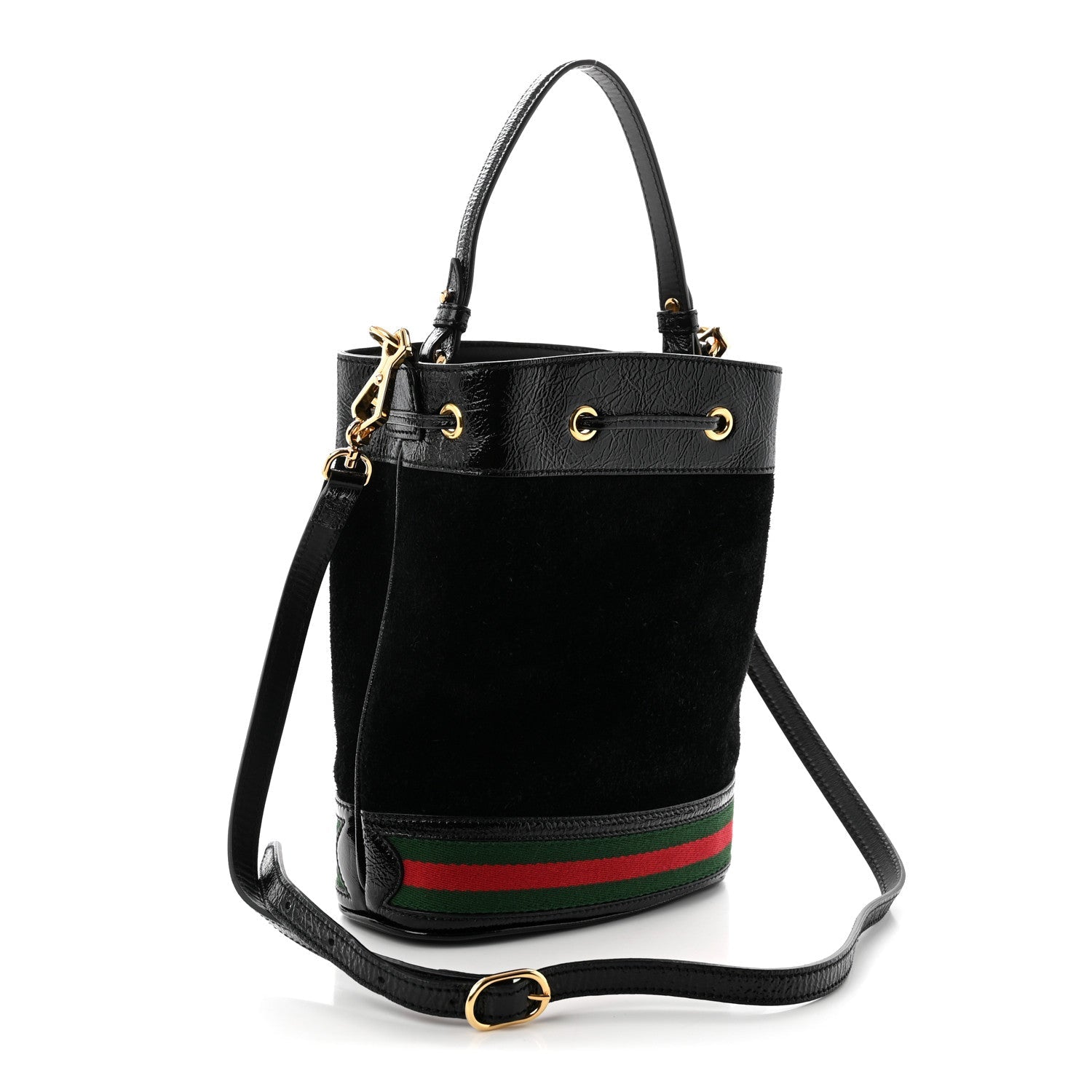 Suede Patent Web Small Ophidia Bucket Bag Black