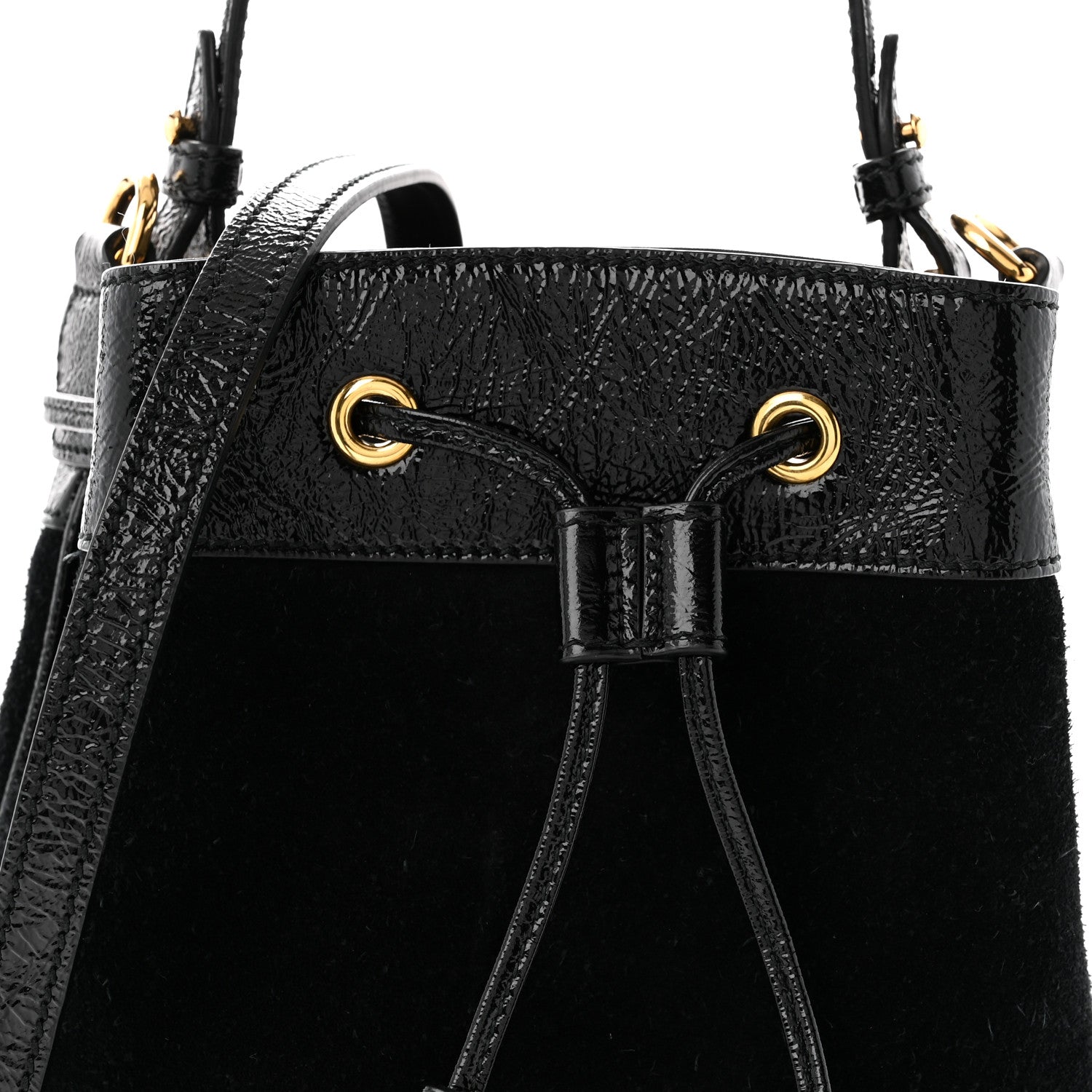 Suede Patent Web Small Ophidia Bucket Bag Black