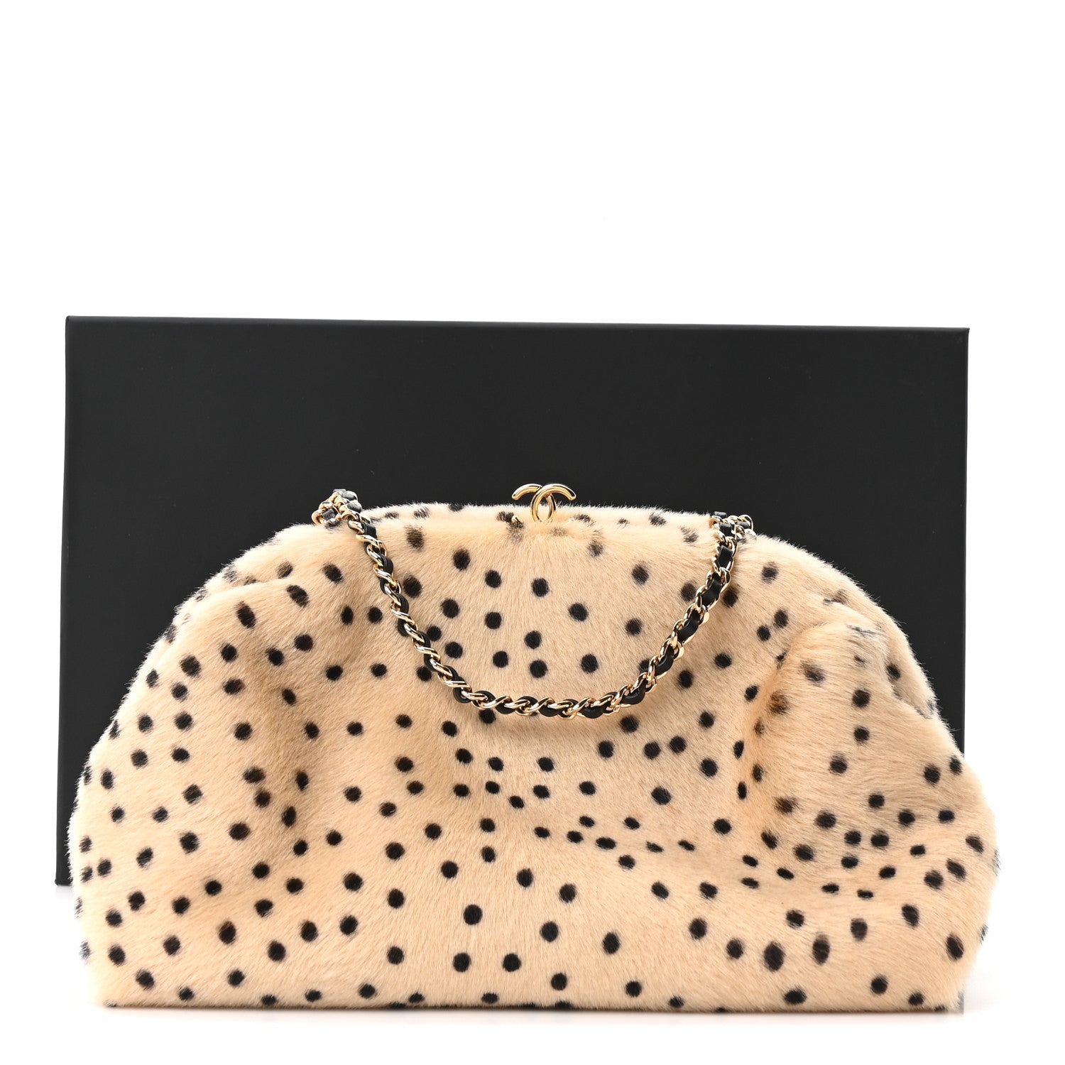 Pony Hair Cheetah Printed Lambskin Clutch With Chain Beige Black