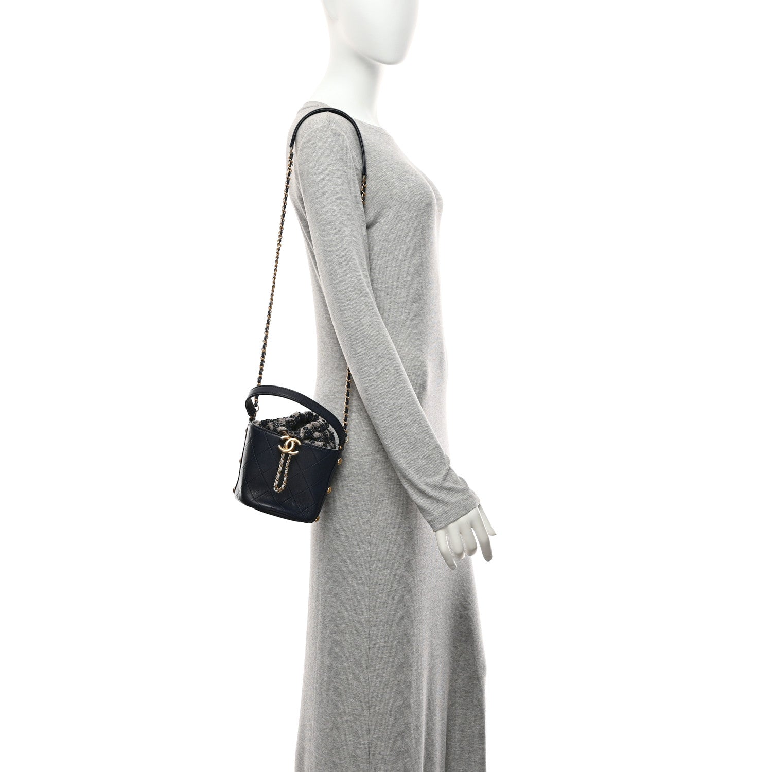 Calfskin Tweed Small CC Chain Bucket Drawstring Bag Navy Multicolor