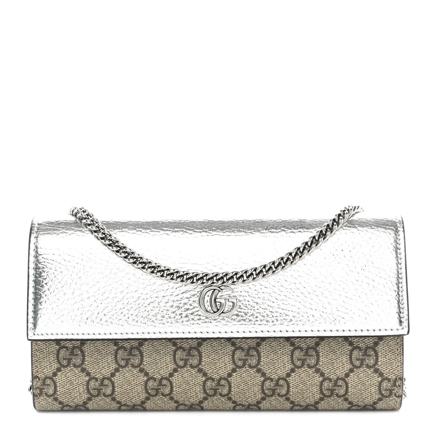 Metallic Calfskin GG Supreme Monogram Petite GG Marmont Wallet Chain Bag Silver Beige Ebony