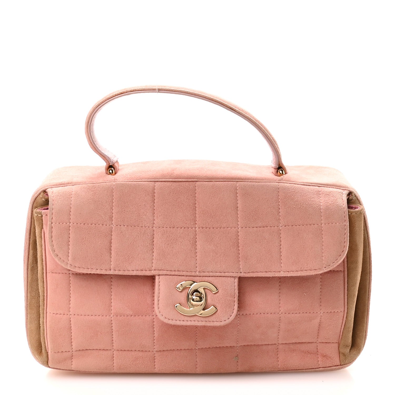 Suede Chocolate Bar Top Handle Flap Pink Beige