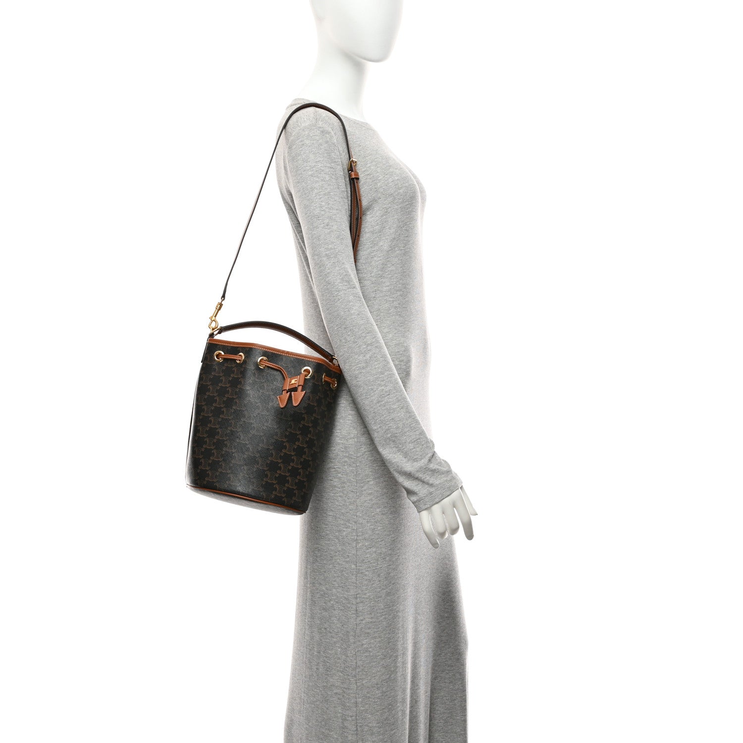 Triomphe Canvas Calfskin Clara Drawstring Bucket Bag Tan