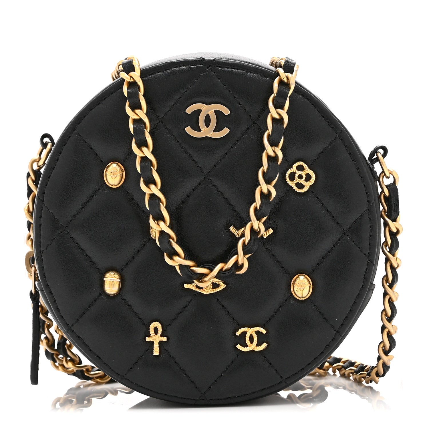 Lambskin Quilted Egyptian Amulet Round Clutch With Chain Black