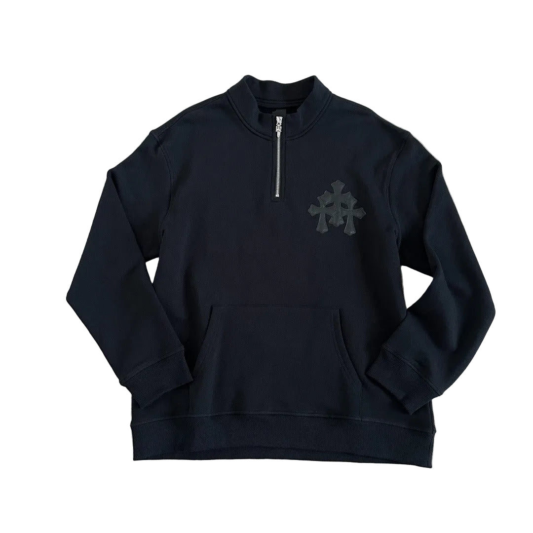Chrome Hearts "Paper Jam" Cemetery Triple Cross Leather Patch Quarter-Zip Pullover in black.