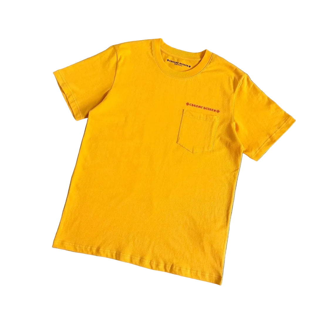 Chrome Hearts x Matty Boy "Call Me" PPO Pocket T-Shirt in Mustard Yellow.