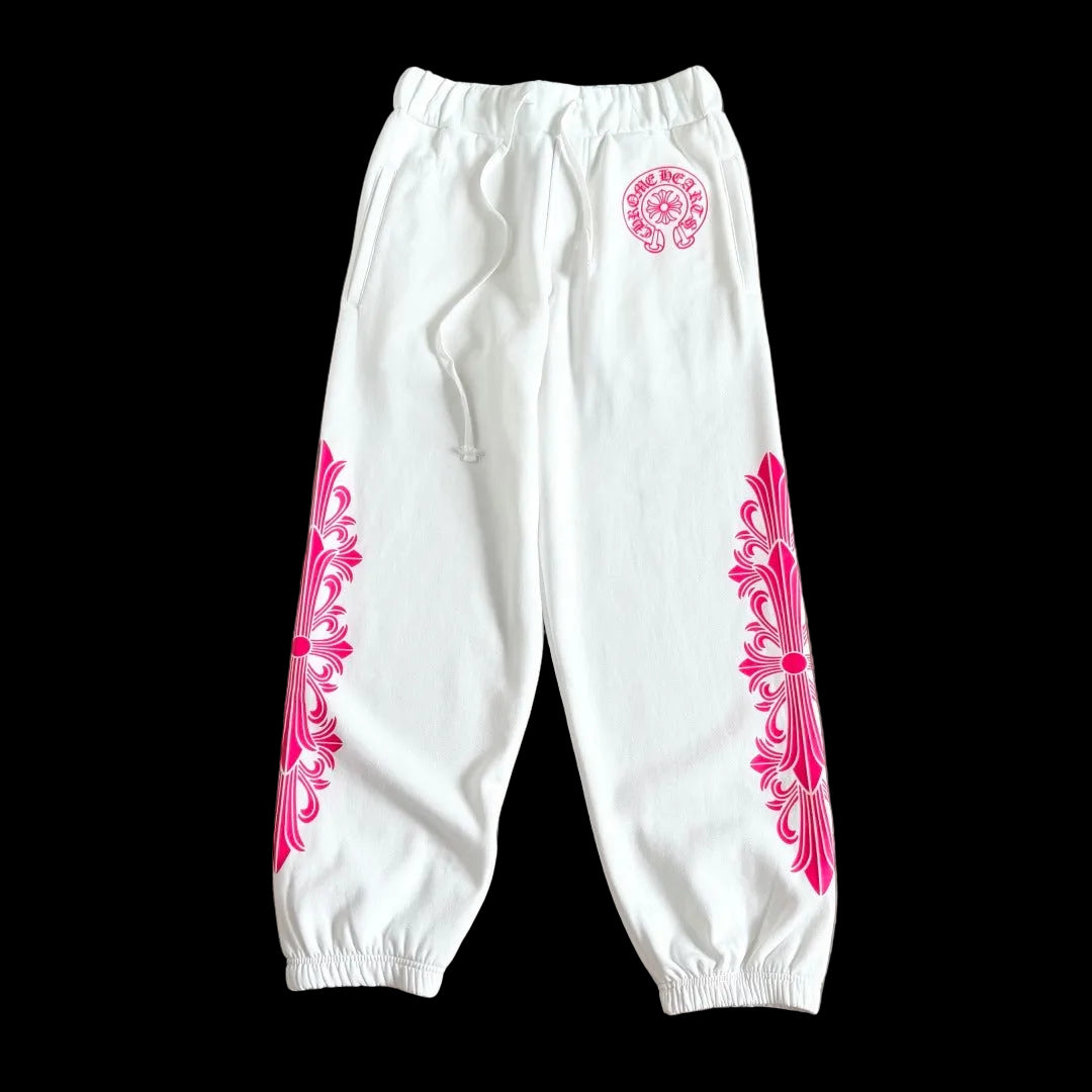 Chrome Hearts Pink Horseshoe Floral Tracksuit set in White/Neon Pink.