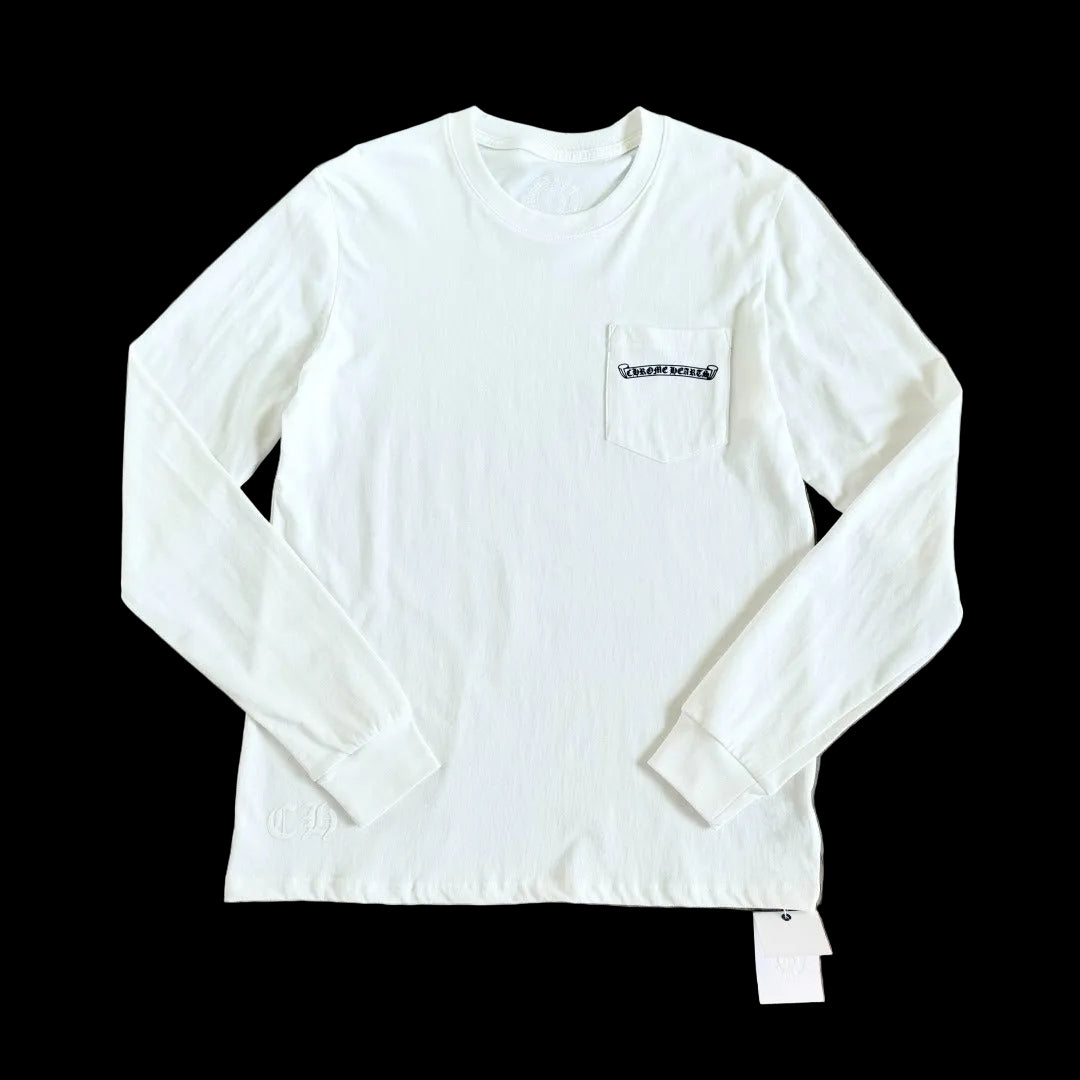 Chrome Hearts Scroll Logo Pocket Long-Sleeve T-Shirt in white/black