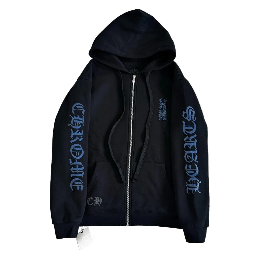 Chrome Hearts Tonal Block Logo Zip-Up Hoodie in black with blue/grey text accents.