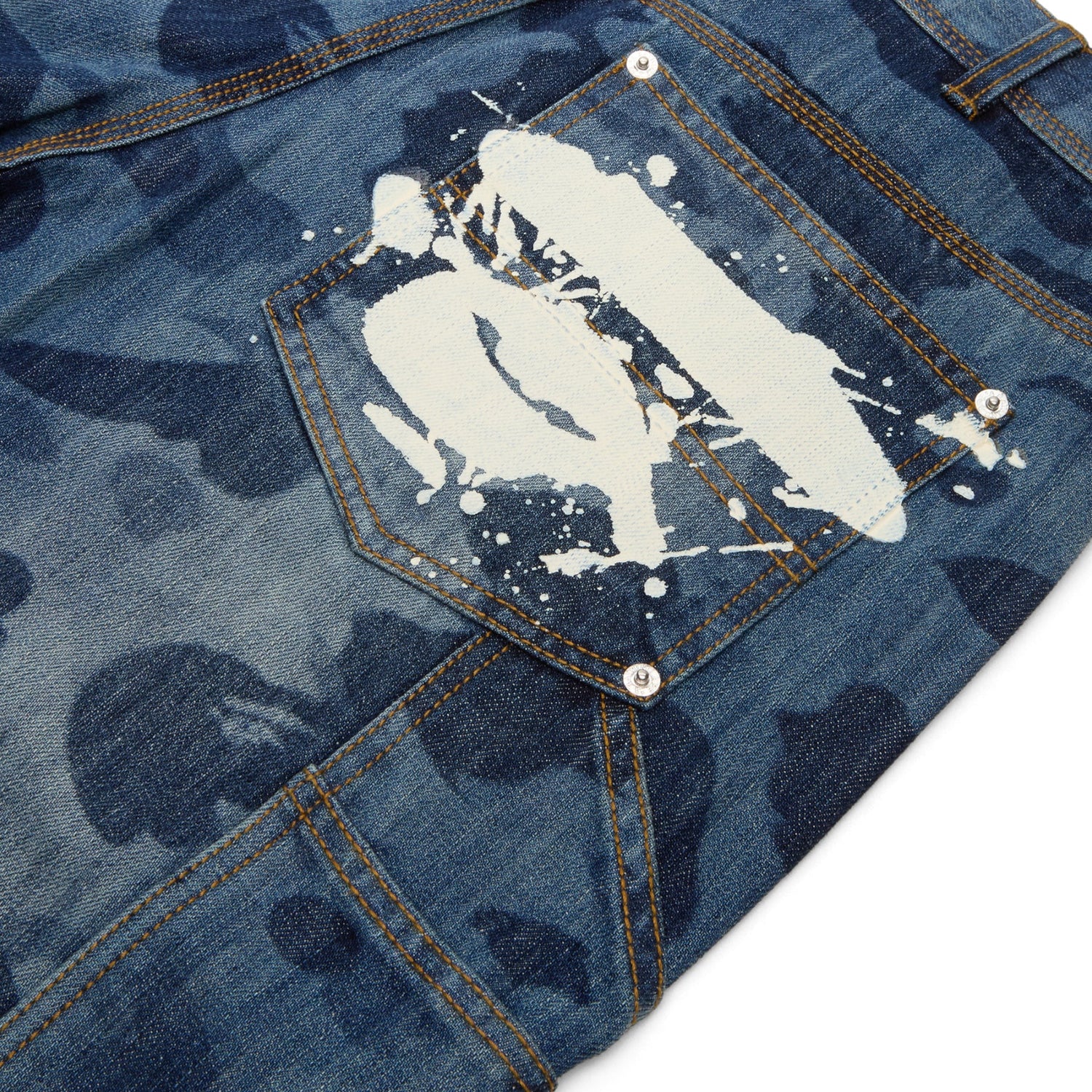 A Bathing Ape 1St Camo Double Knee 13 Oz Relaxed Fit Denim Shorts M (Indigo)