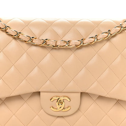 Lambskin Quilted Jumbo Double Flap Beige