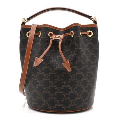 Triomphe Canvas Calfskin Clara Drawstring Bucket Bag Tan