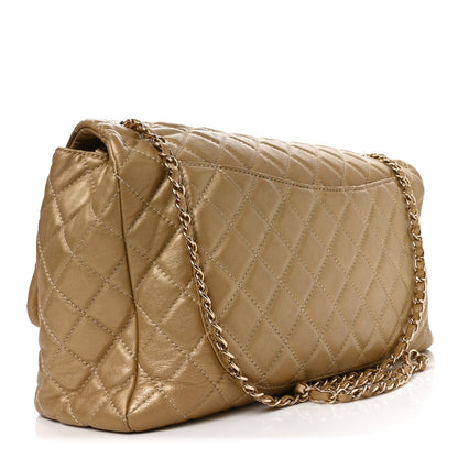 Metallic Calfskin Quilted Small XXL Travel Flap Bag Gold