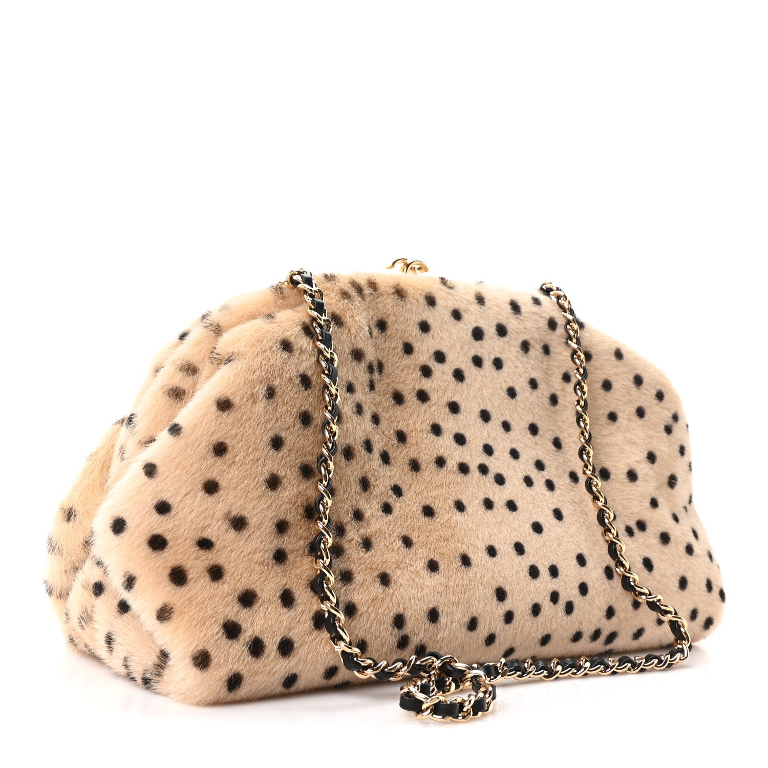 Pony Hair Cheetah Printed Lambskin Clutch With Chain Beige Black