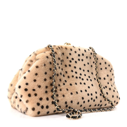 Pony Hair Cheetah Printed Lambskin Clutch With Chain Beige Black