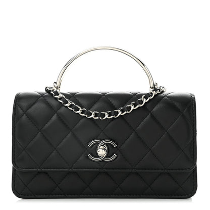 Lambskin Quilted Metal Top Handle Crossbody Flap Black