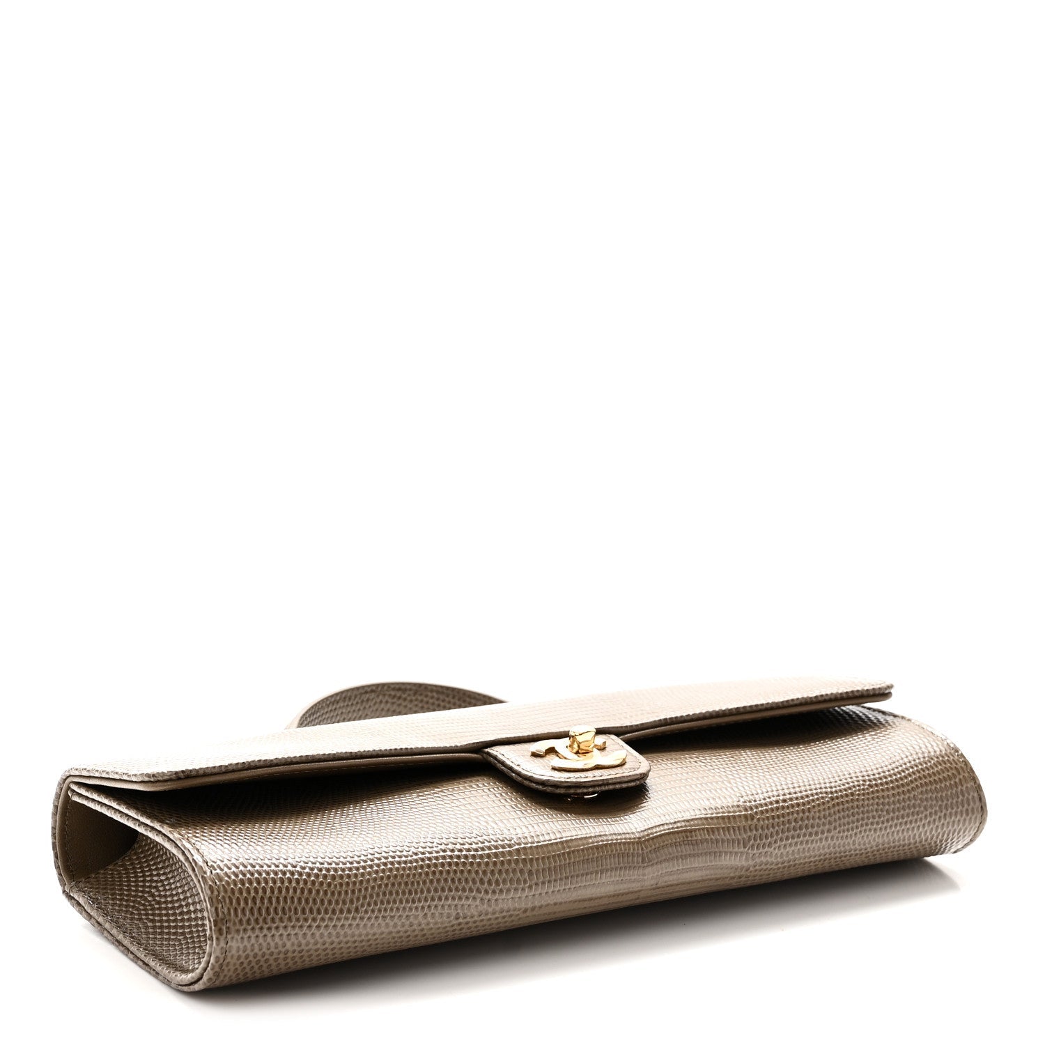Calfskin Lizard Embossed Top Handle Long Clutch With Chain Dark Khaki