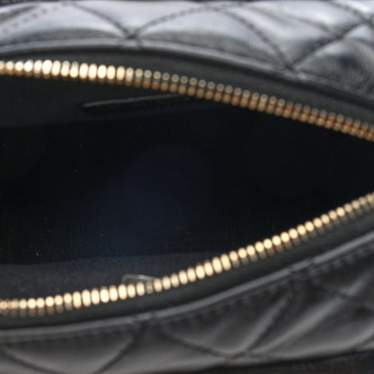 Shiny Crumpled Lambskin Quilted Small Preppy Pocket Camera Case Black