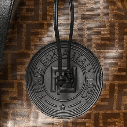 Glazed Fabric Vitello Grace F is Fendi FF 1974 Stamp Patch Grande Mon Tresor Bucket Bag Mogano Panna Black