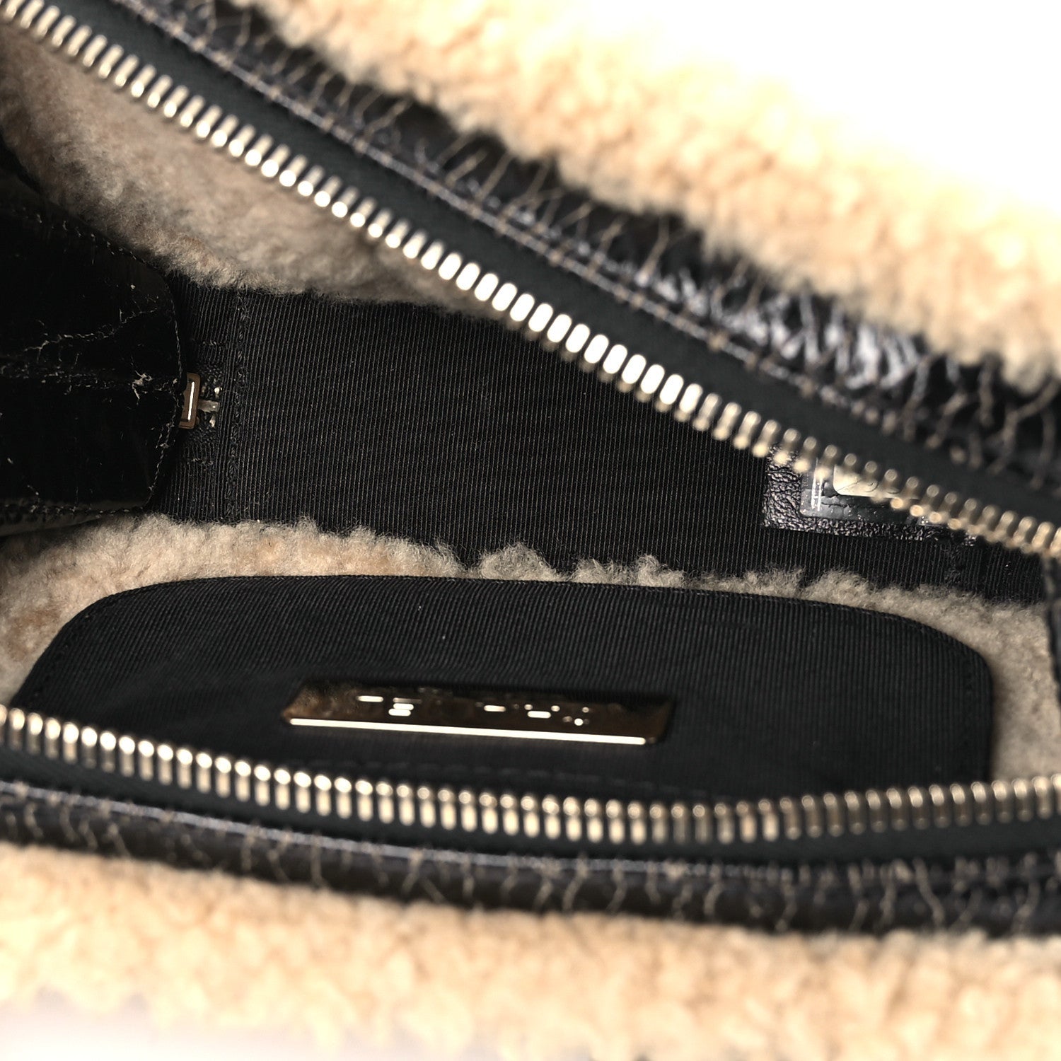 Shiny Crumpled Sheepskin Shearling Waist Bag Black Beige