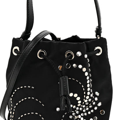 Tessuto Saffiano Ricamo Sequin Crystal Embellished Mini Re-Edition 1978 Bucket Bag Black