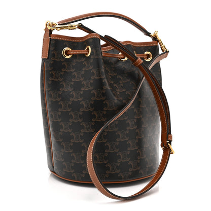 Triomphe Canvas Calfskin Clara Drawstring Bucket Bag Tan