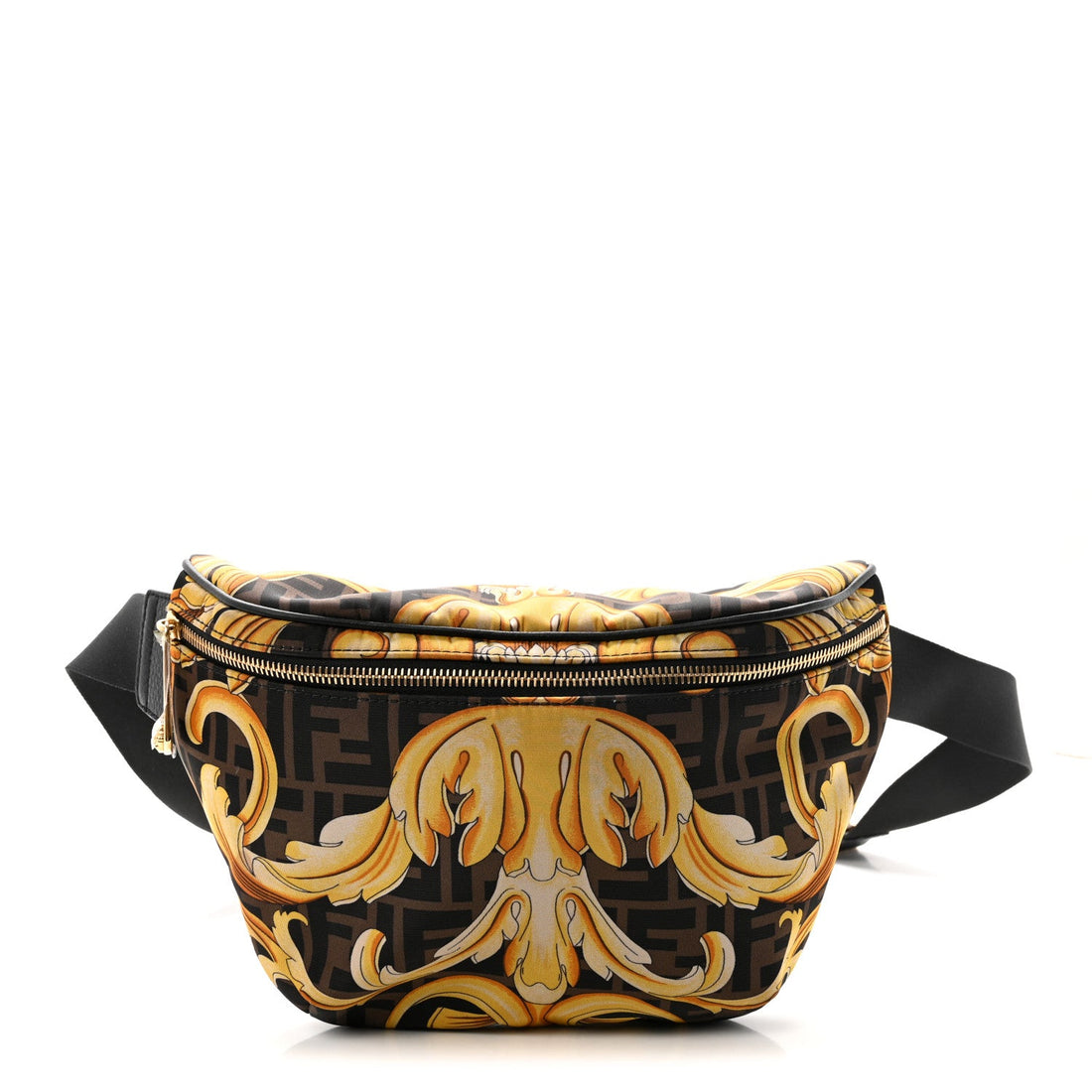 X VERSACE Nylon Cuoio Romano Fendace FF Baroque Belt Bag Black Gold