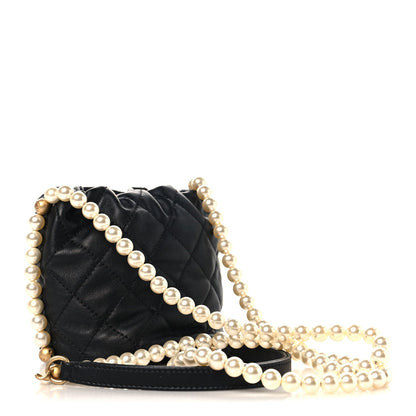 Calfskin Quilted Pearl Mini About Pearls Drawstring Bucket Bag Black