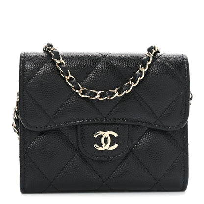 Caviar Quilted Flap Card Holder On Chain Black