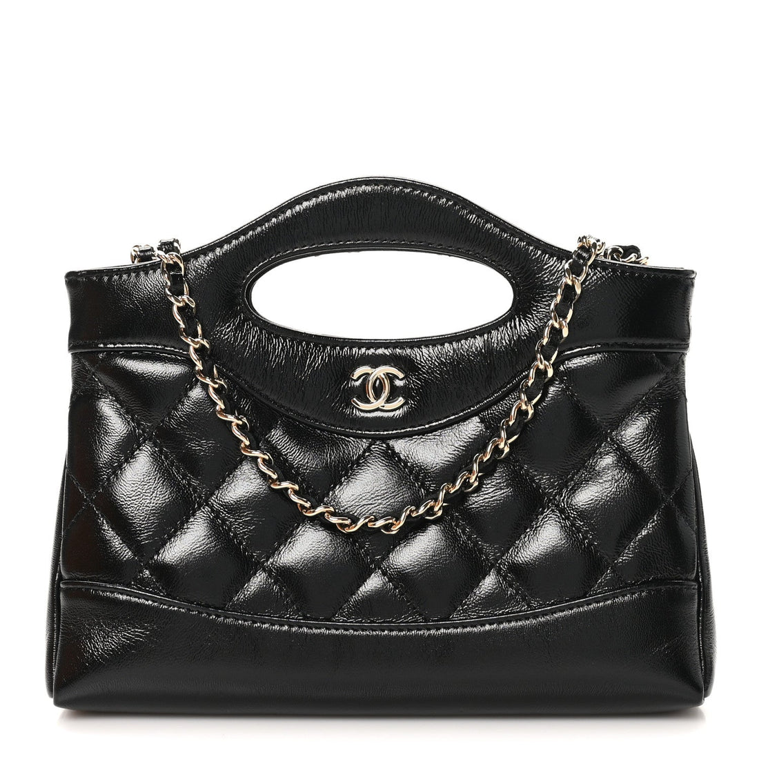 Shiny Crumpled Calfskin Quilted Nano 31 Shopping Bag Black