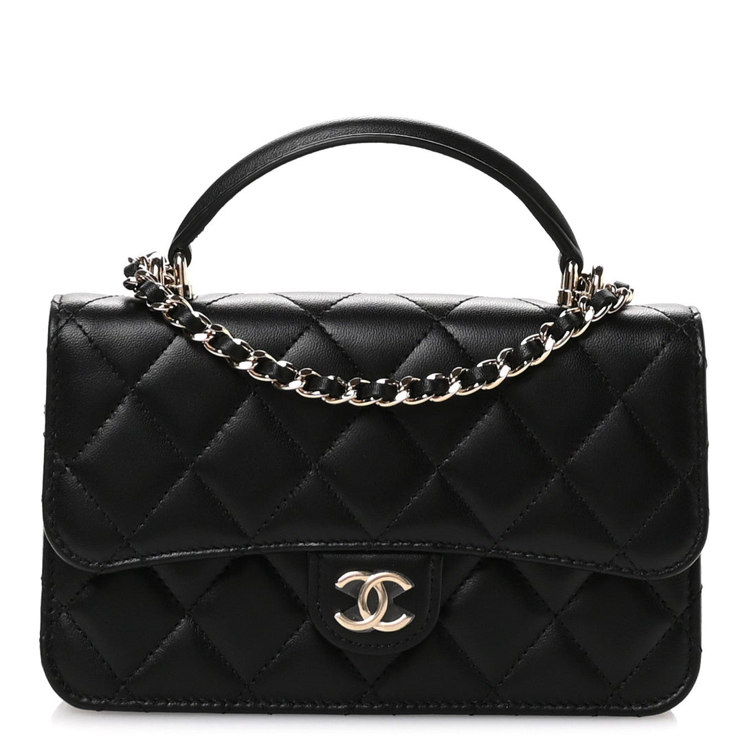Lambskin Quilted Flap Phone Holder With Chain Black