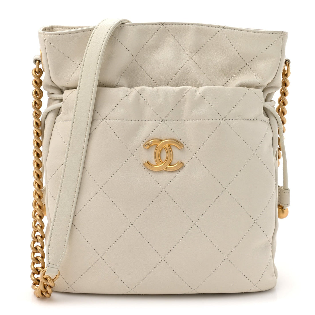 Calfskin Quilted Drawstring Bucket Bag White