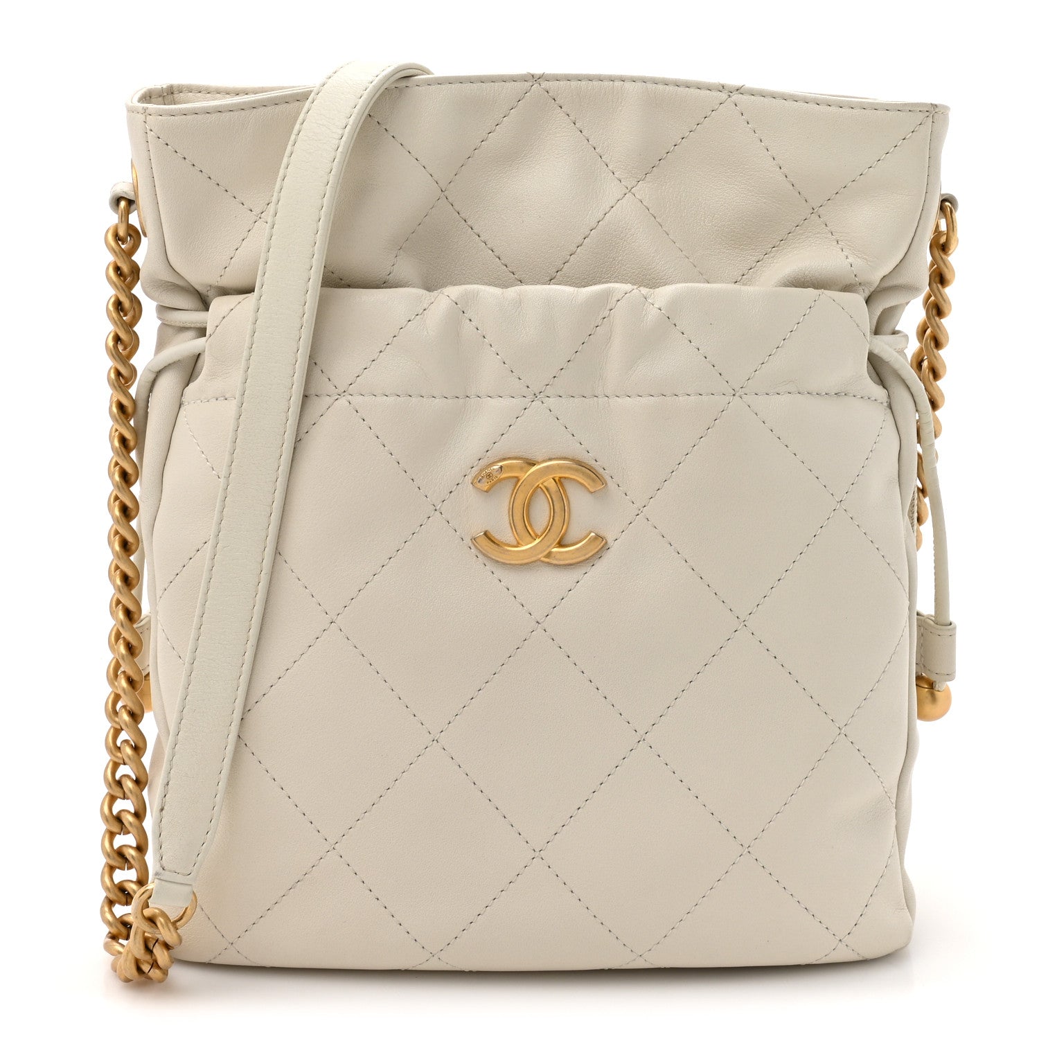 Calfskin Quilted Drawstring Bucket Bag White