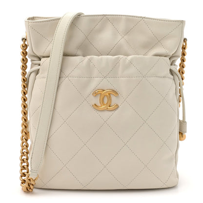 Calfskin Quilted Drawstring Bucket Bag White