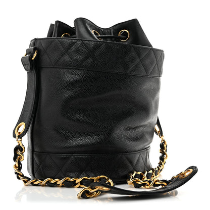 Caviar Drawstring Bucket Shoulder Bag Black