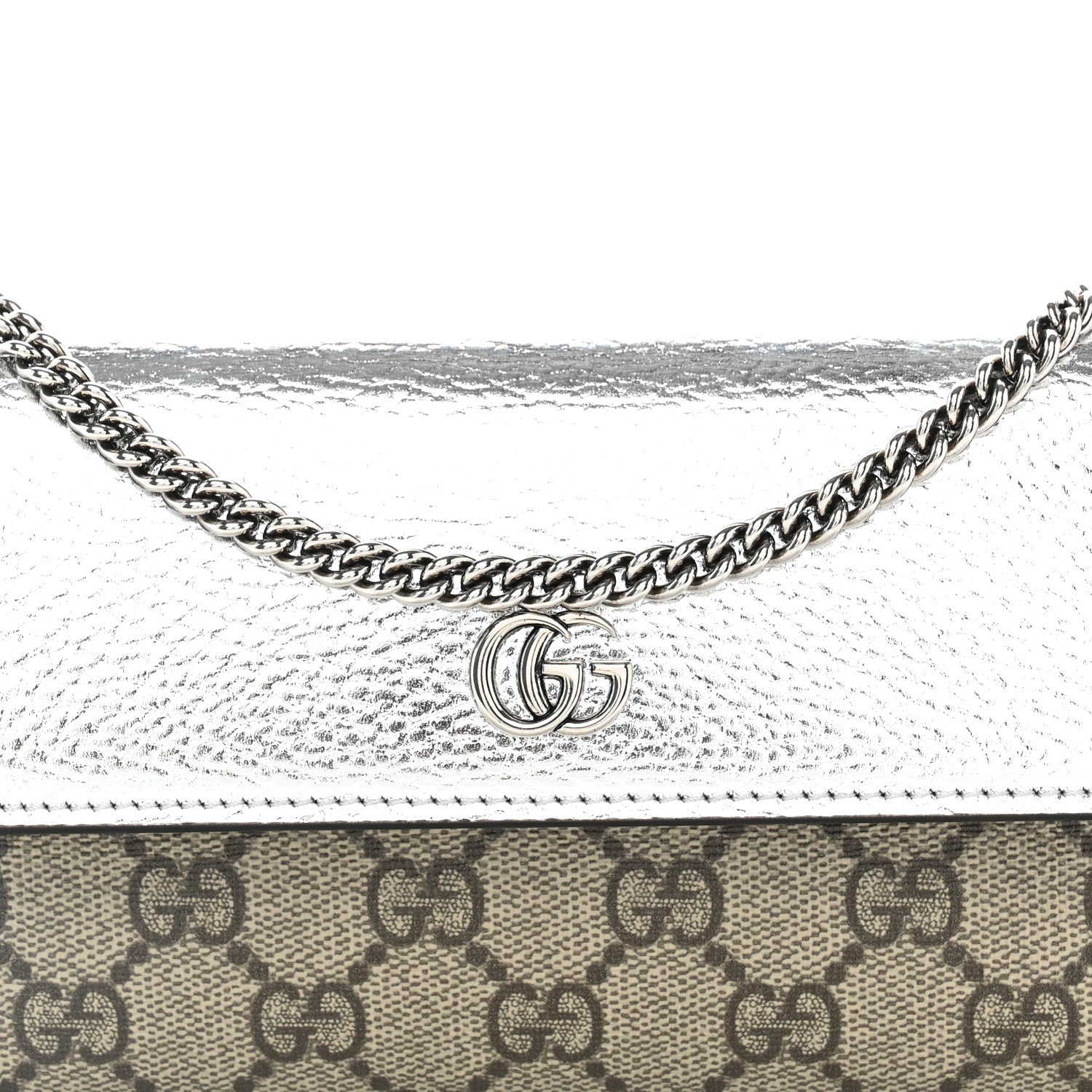Metallic Calfskin GG Supreme Monogram Petite GG Marmont Wallet Chain Bag Silver Beige Ebony