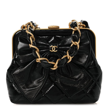 Patent Crumpled Lambskin Quilted Maxi Bow Clutch With Chain Black
