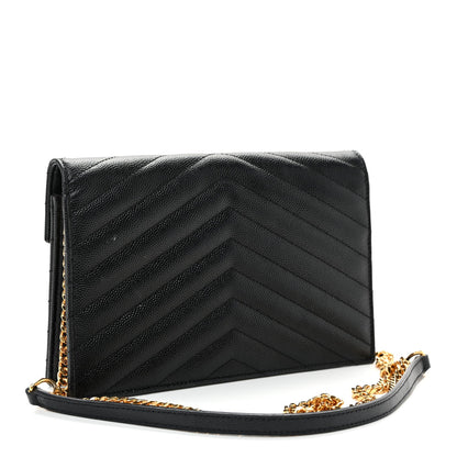 Grain De Poudre Matelasse Chevron Monogram Envelope Chain Wallet Black