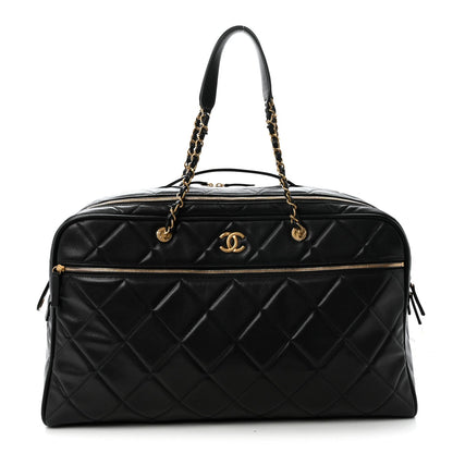 Shiny Grained Calfskin Quilted Large Travel Bowling Bag Black