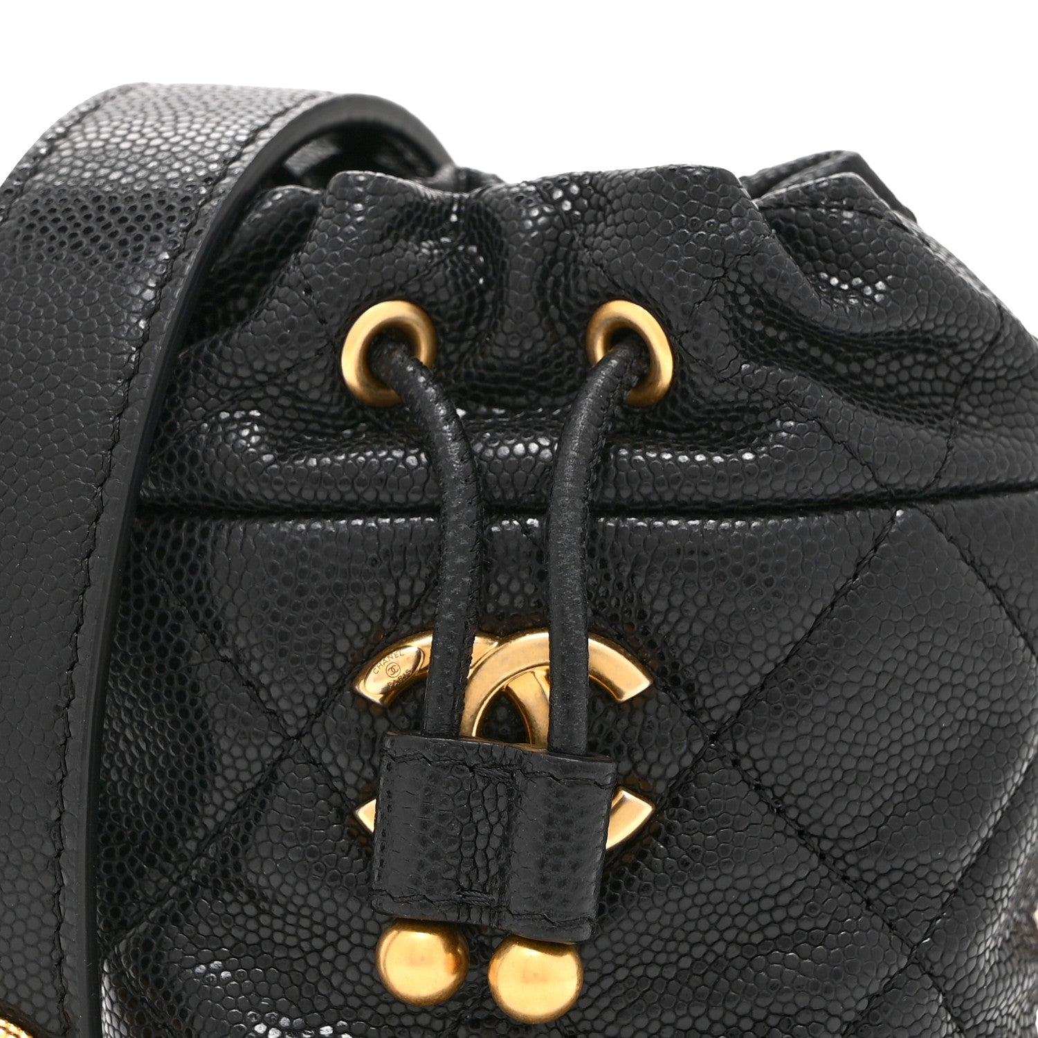 Caviar Quilted Twist Your Buttons Mini Bucket Bag Black