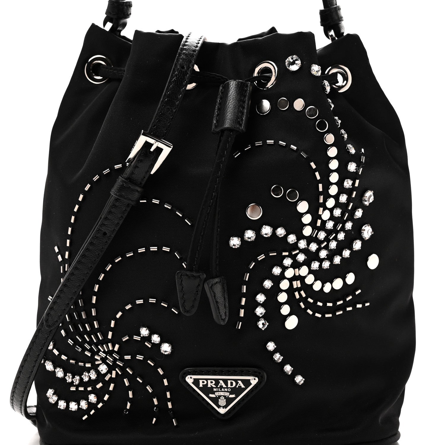 Tessuto Saffiano Ricamo Sequin Crystal Embellished Mini Re-Edition 1978 Bucket Bag Black