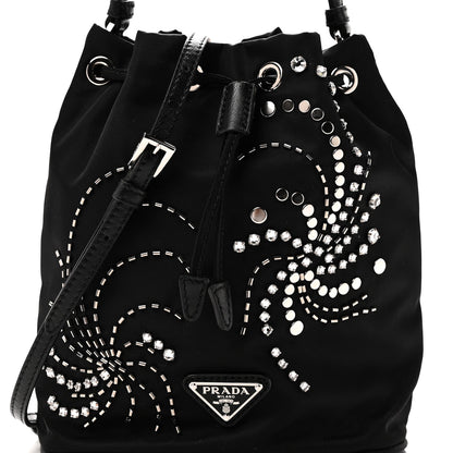 Tessuto Saffiano Ricamo Sequin Crystal Embellished Mini Re-Edition 1978 Bucket Bag Black