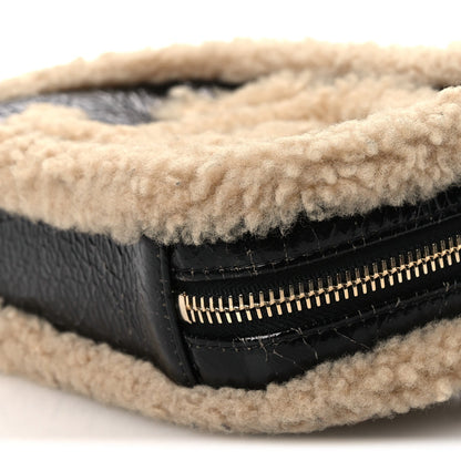 Shiny Crumpled Sheepskin Shearling Waist Bag Black Beige