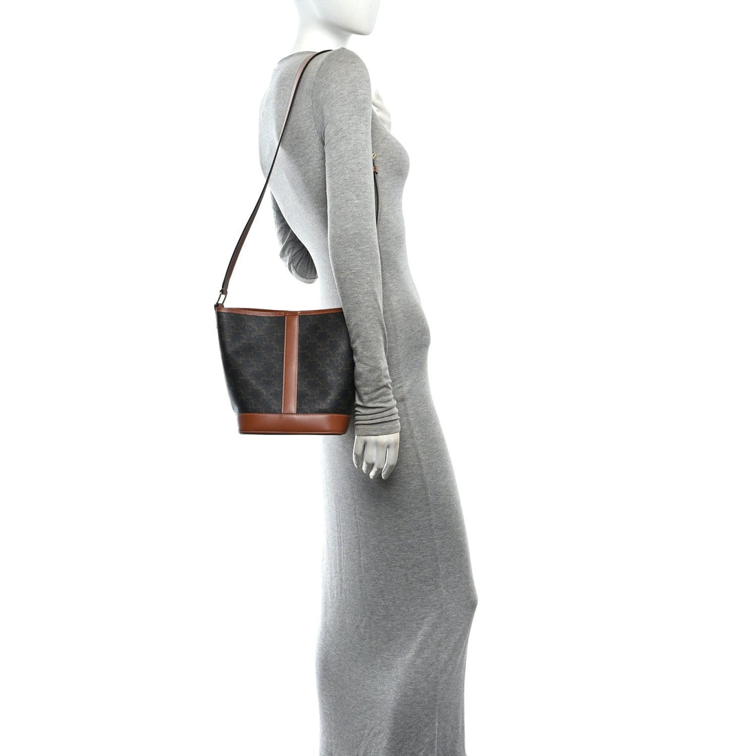 Triomphe Canvas Calfskin Small Bucket Bag Tan