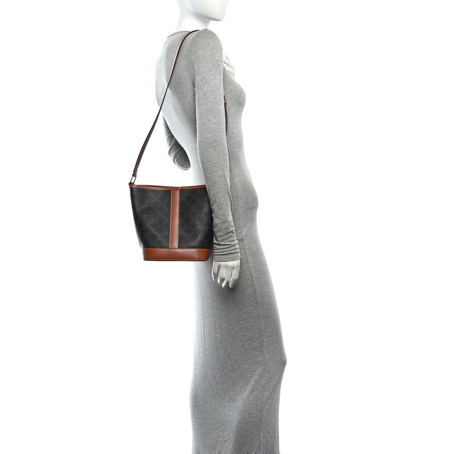 Triomphe Canvas Calfskin Small Bucket Bag Tan