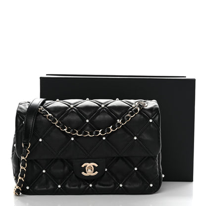 Lambskin Quilted Pearl Studded Flap Black