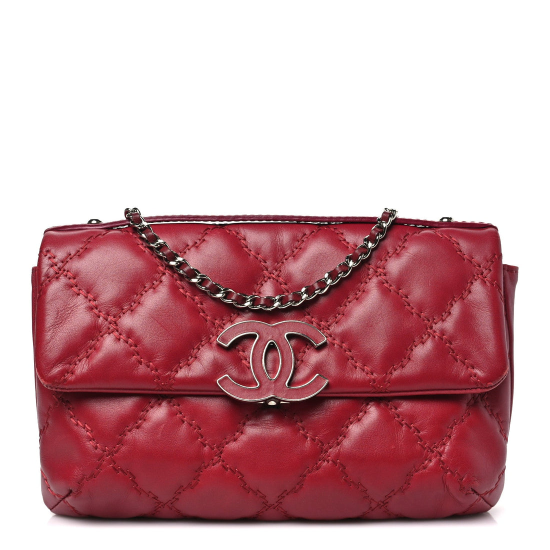 Calfskin Quilted Double Stitch Hamptons Clutch with Chain Red Red