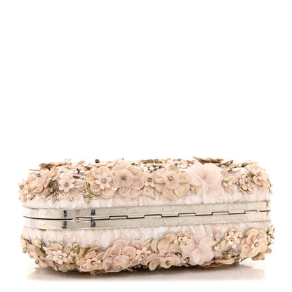 Flower Appliqued Silk Brocade Skull Box Clutch Light Pink